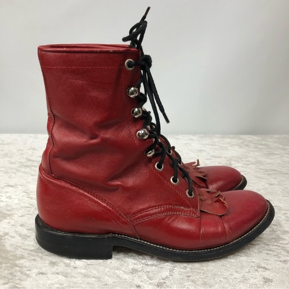 Cowtown Red Leather Made In Mexico granny Boots Size 5D Women's fringe lace up - Picture 1 of 7